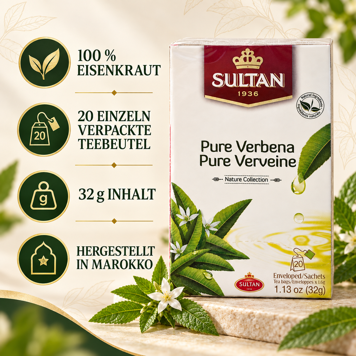 Sultan Pure Verbena – Kräutertee aus 100 % Eisenkraut | 20 Teebeutel